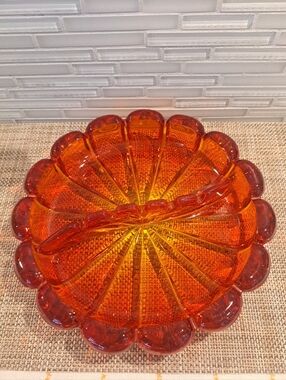 Vtg MCM - Viking Art Glass - Persimmon Tangerine- 8" Ribbed Ashtray/Trinket Dish